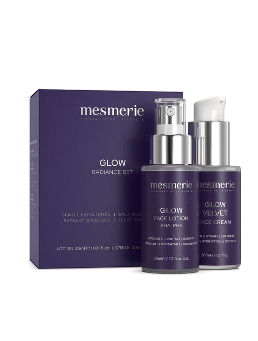 Mesmerie Glow Radiance Set with two skincare bottles and a box